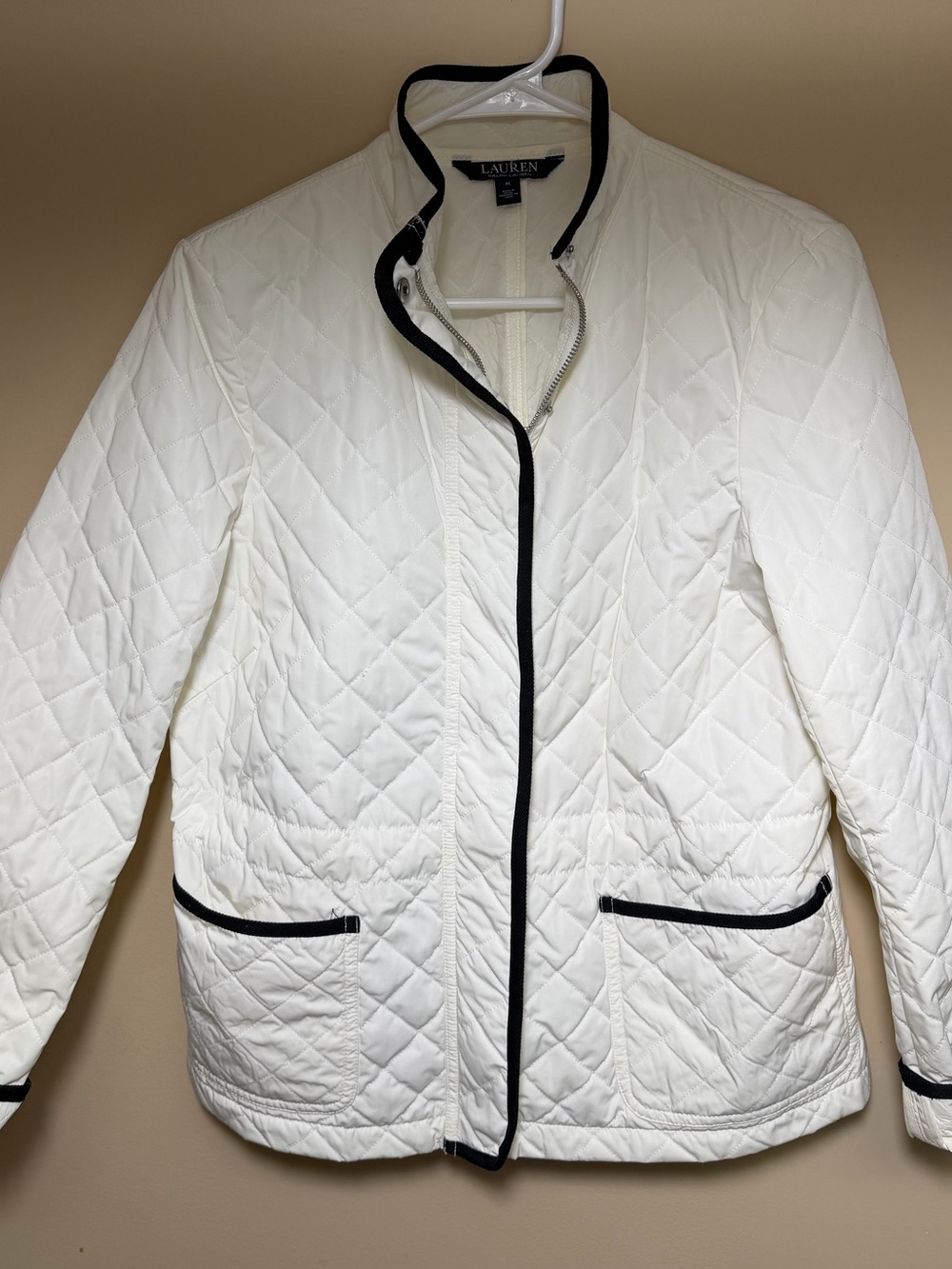 Lauren Ralph Lauren Ivory Quilted Jacket Black Trim Size M